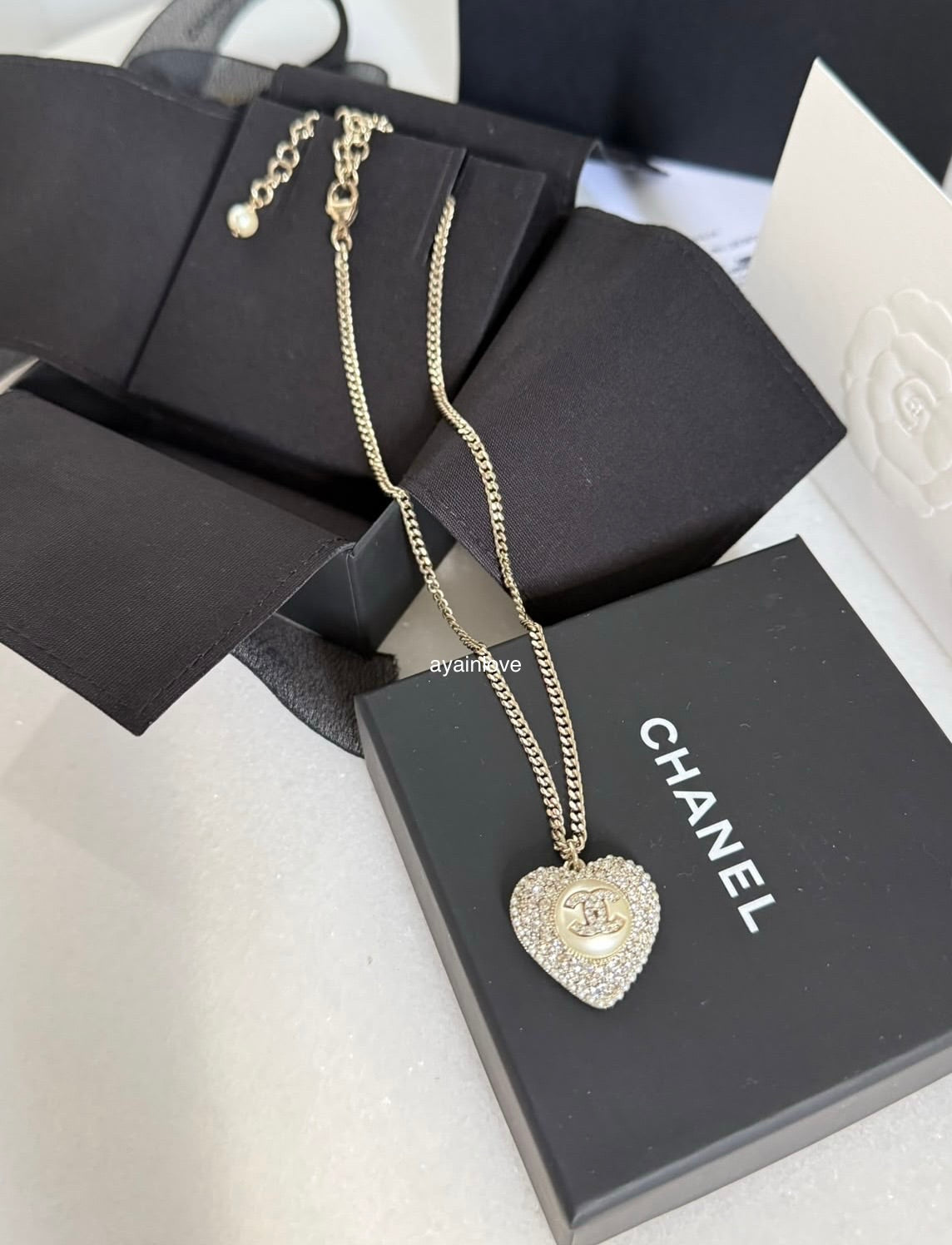 CHANEL 22B Heart Pearl Crystal CC Necklace Light Gold Hardware