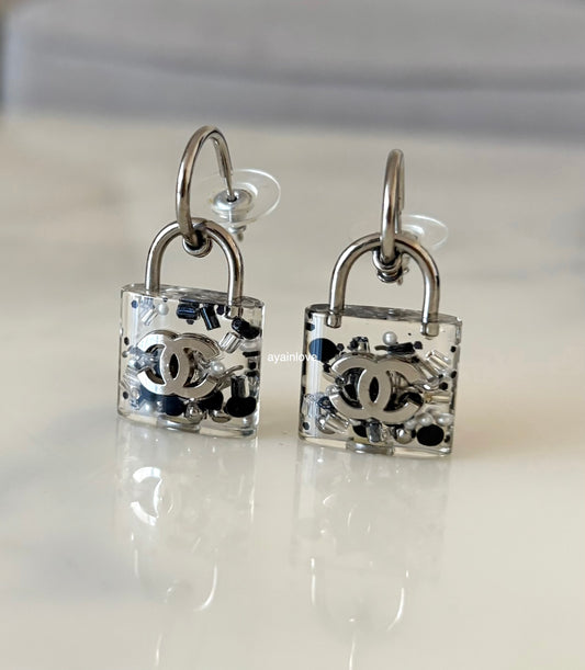 CHANEL 14K CC Clear Resin Padlock Drop Earrings Silver Hardware