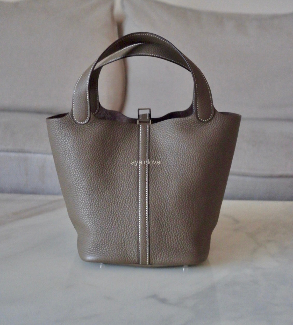 HERMES Picotin Lock 22 Etoupe Taurillion Clemence Palladium Hardware D Stamp