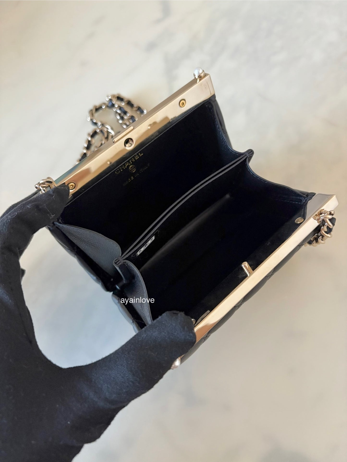 CHANEL 23A Black Lambskin CC Pearl Frame Clutch Bag Light Gold Hardware