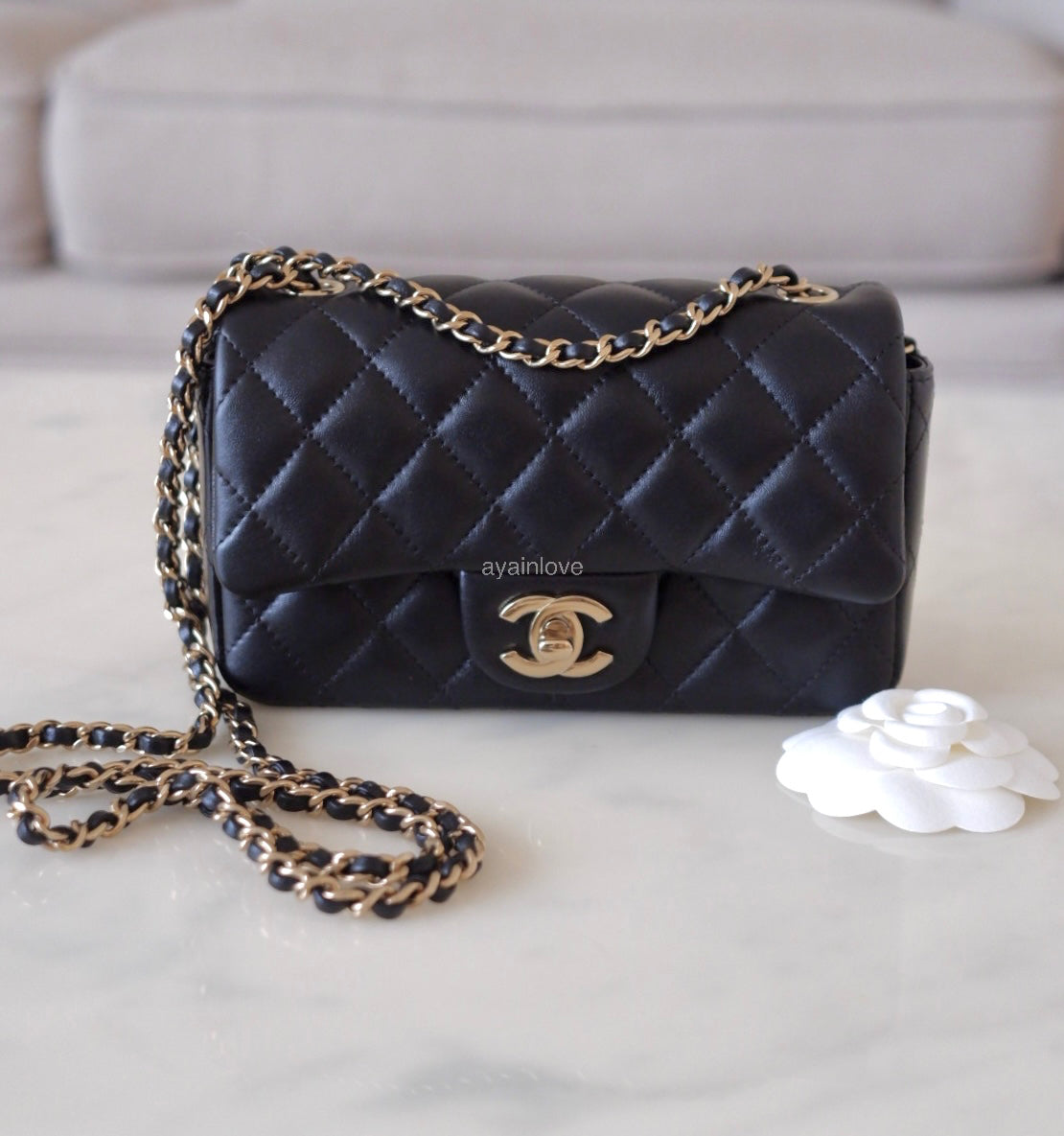 CHANEL 24K Black Lambskin Classic Rectangular Extra Mini 18cm Flap Light Gold Hardware