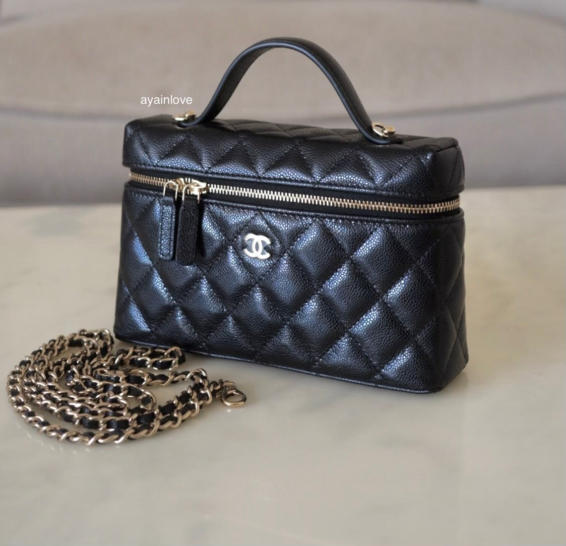 CHANEL Black Caviar Top Handle Flat Vanity on Chain Light Gold Hardware