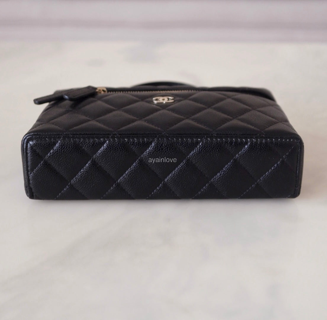 CHANEL 2025 Black Caviar Top Handle Flat Vanity on Chain Light Gold Hardware