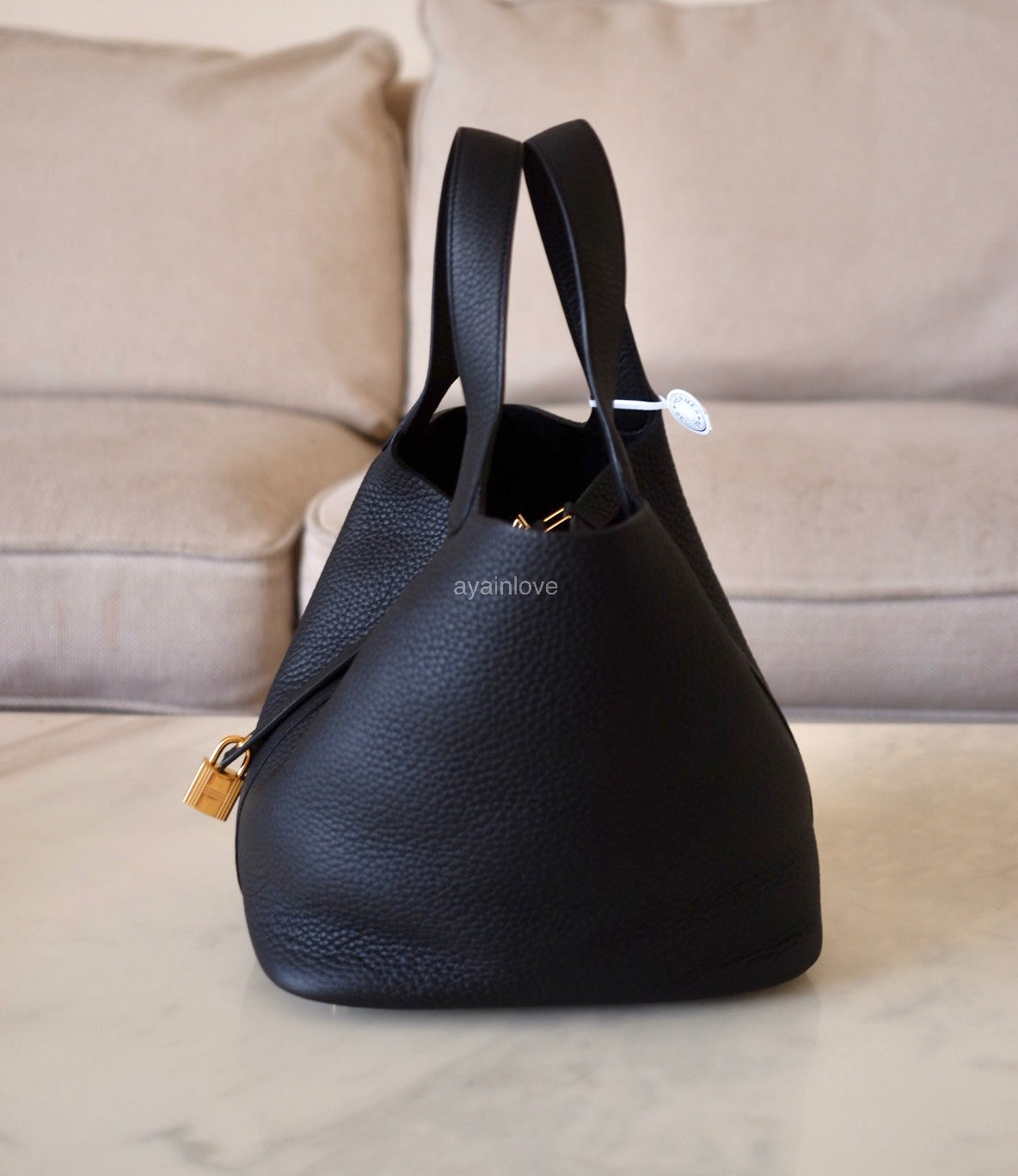HERMES Picotin Lock 22 Black Noir Taurillion Clemence Gold Hardware K Stamp
