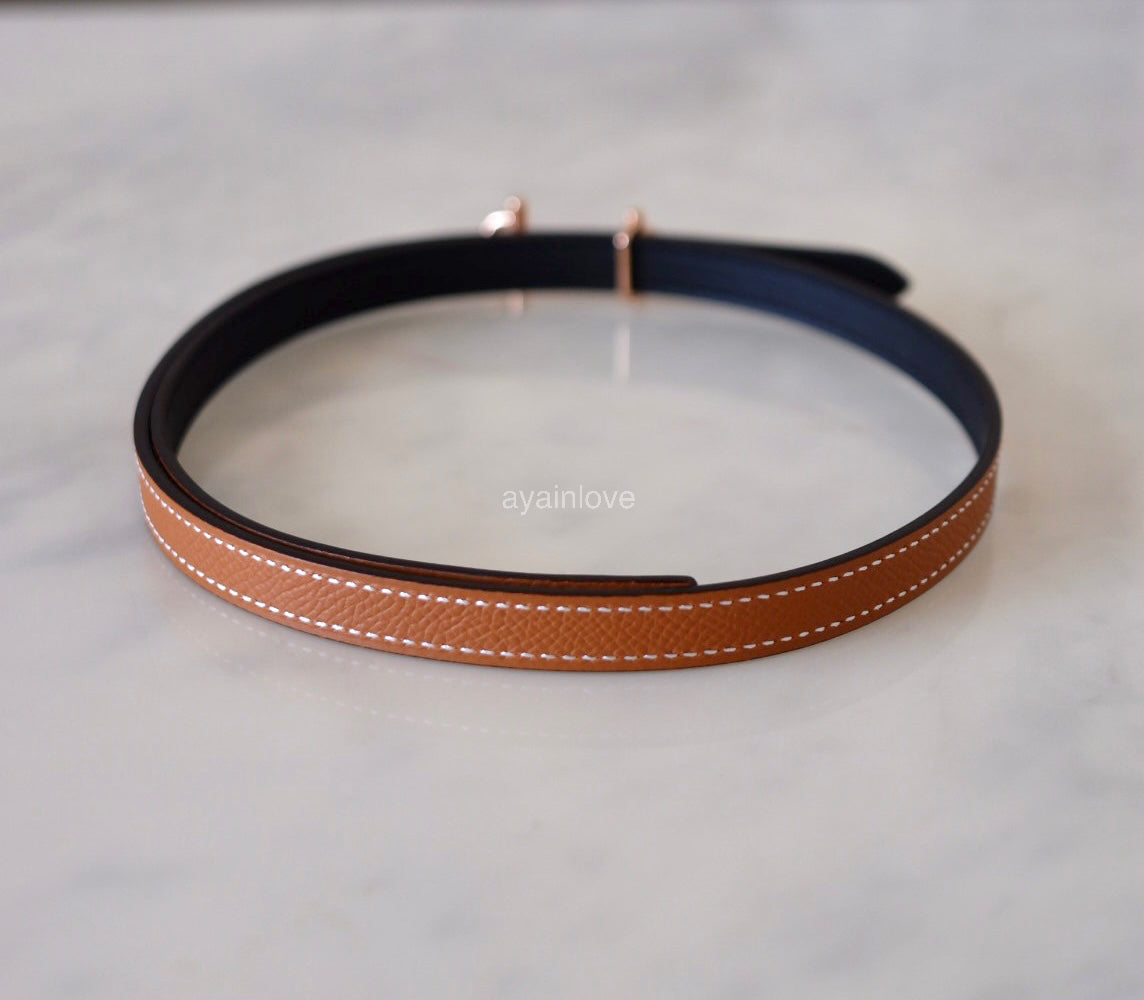 HERMES Gamma Belt Reversible Black/Gold Swift/Epsom Size 70 Rose Gold Hardware W Stamp