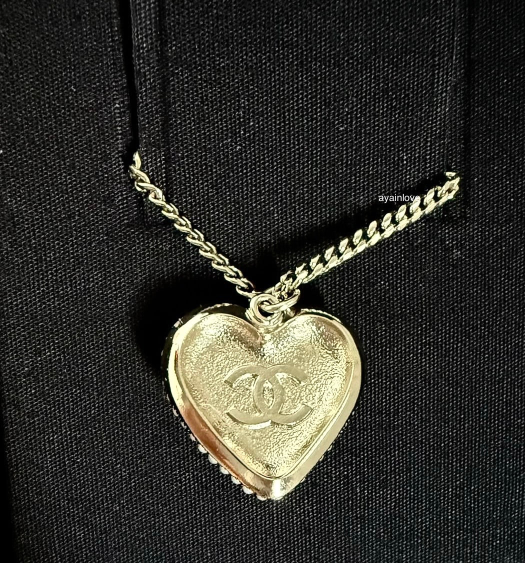 CHANEL 22B Heart Pearl Crystal CC Necklace Light Gold Hardware