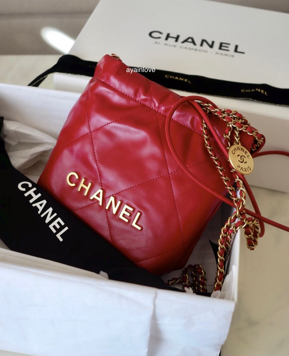 CHANEL Mini 22 Red Shiny Calf Skin Bag Gold Hardware