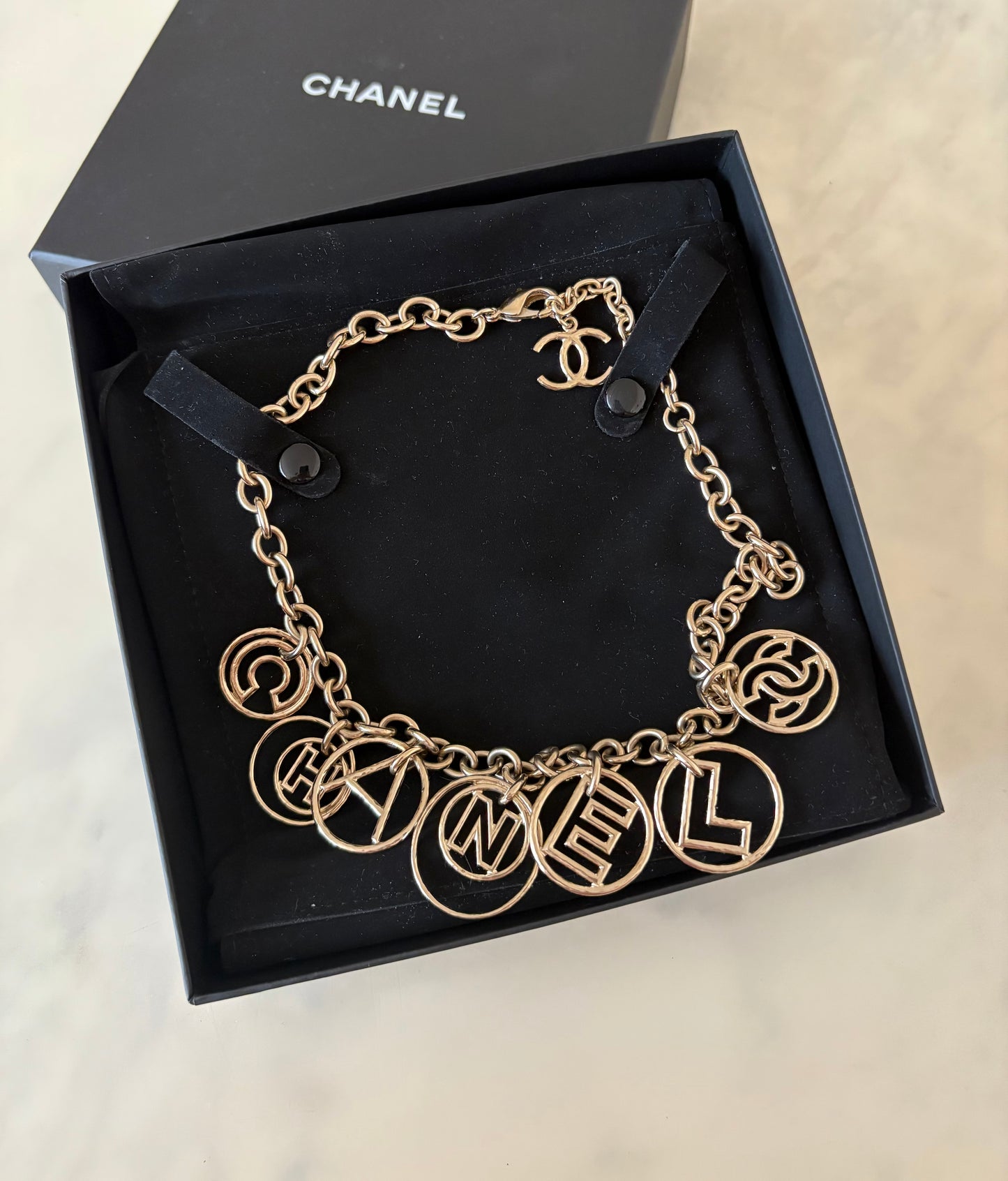 CHANEL 17C Logo CC Necklace Light Gold Hardware