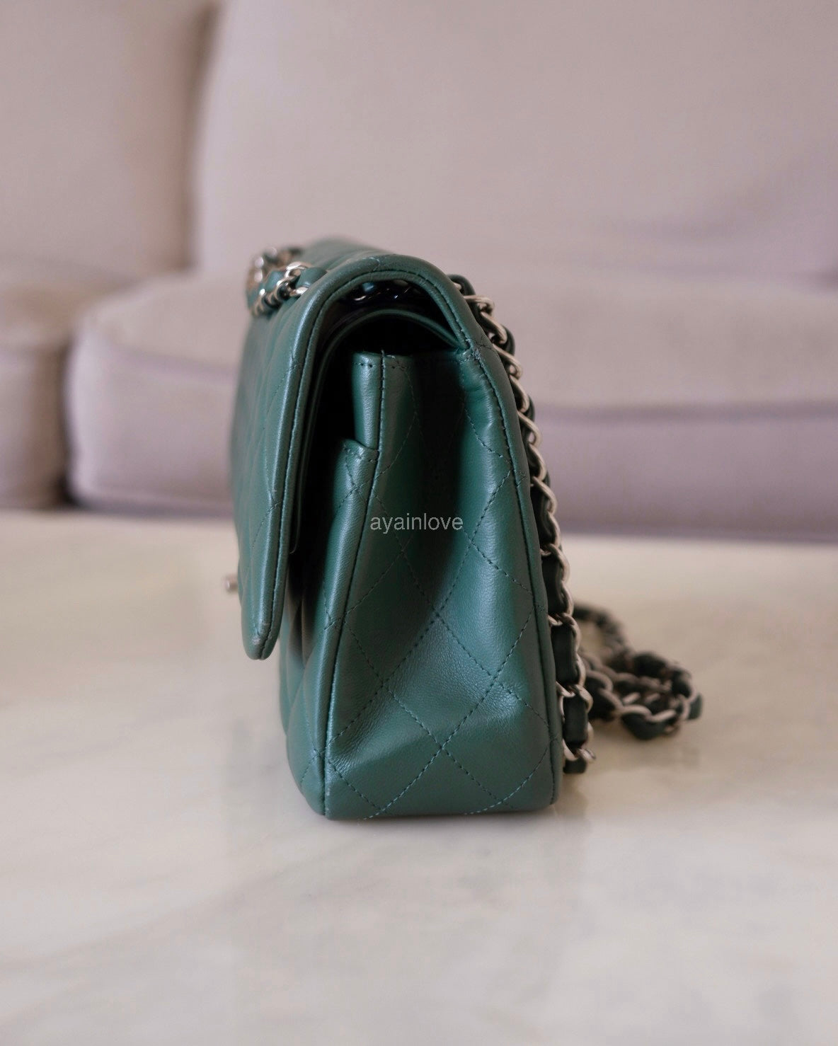 CHANEL Dark Green Lambskin Medium/Large Classic Flap Silver Hardware