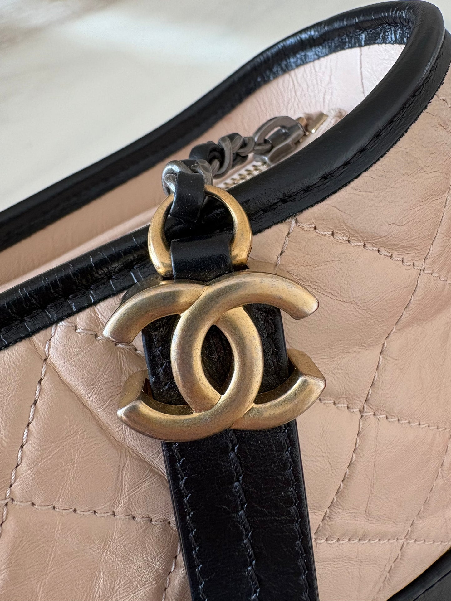 CHANEL Beige Black Calf Skin Medium Gabby Gabrielle Bag Mixed Hardware
