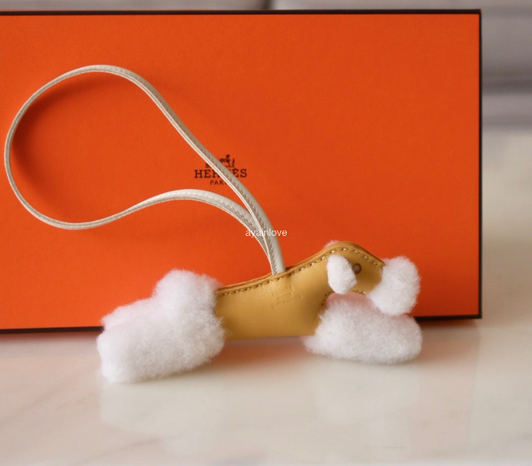 HERMES Budy Ecru/Paille/Craie Wool Leather Bag Charm K Stamp