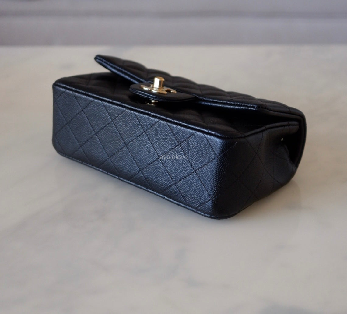 CHANEL 18B Black Caviar Quilted Rectangular Mini Flap Bag Light Gold Hardware