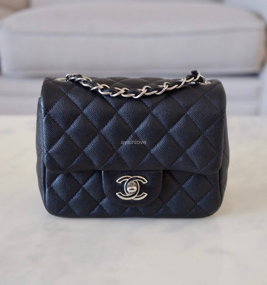 CHANEL 17B Black Caviar (Burgundy Interior) Quilted Square Mini Flap Bag Silver Hardware