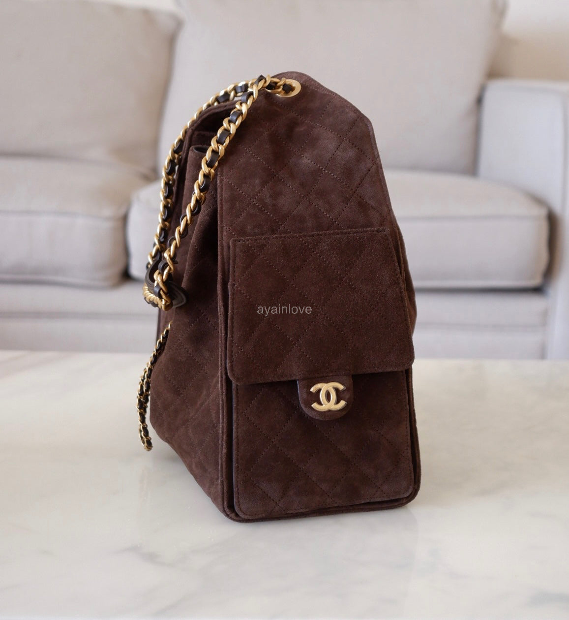 CHANEL 26C Dark Brown Suede Calfskin Medium 25 Bag Gold Hardware