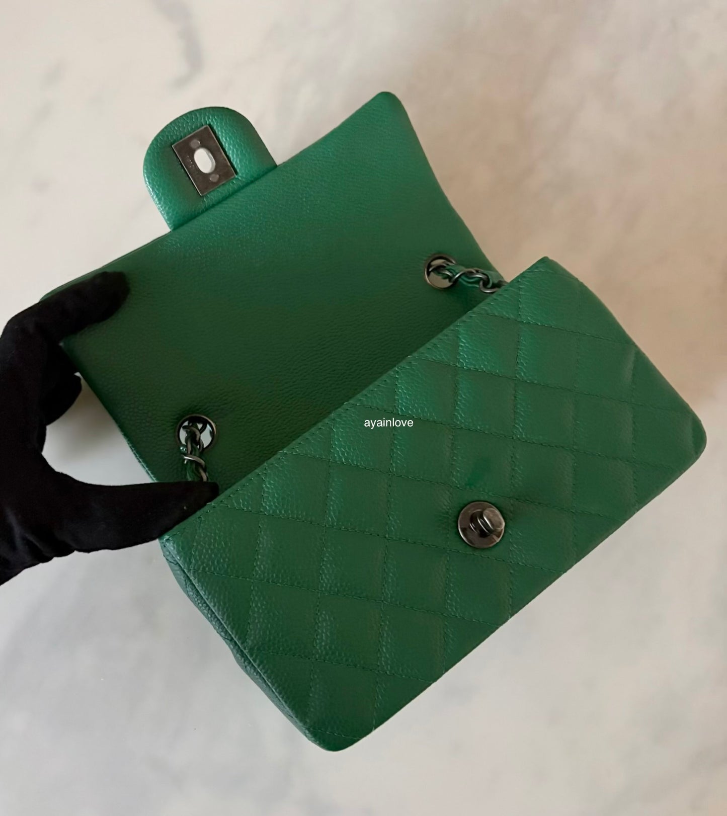 CHANEL Green Caviar Classic Quilted Rectangular Mini Flap Bag Ruthenium Hardware