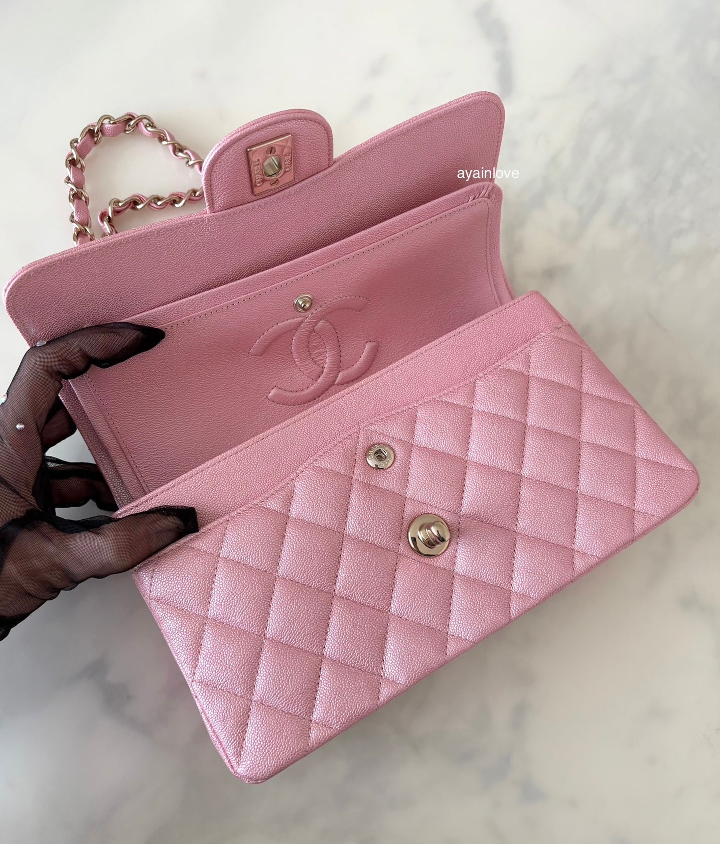 CHANEL 19S Iridescent Pink Caviar Small Classic Flap Light Gold Hardware