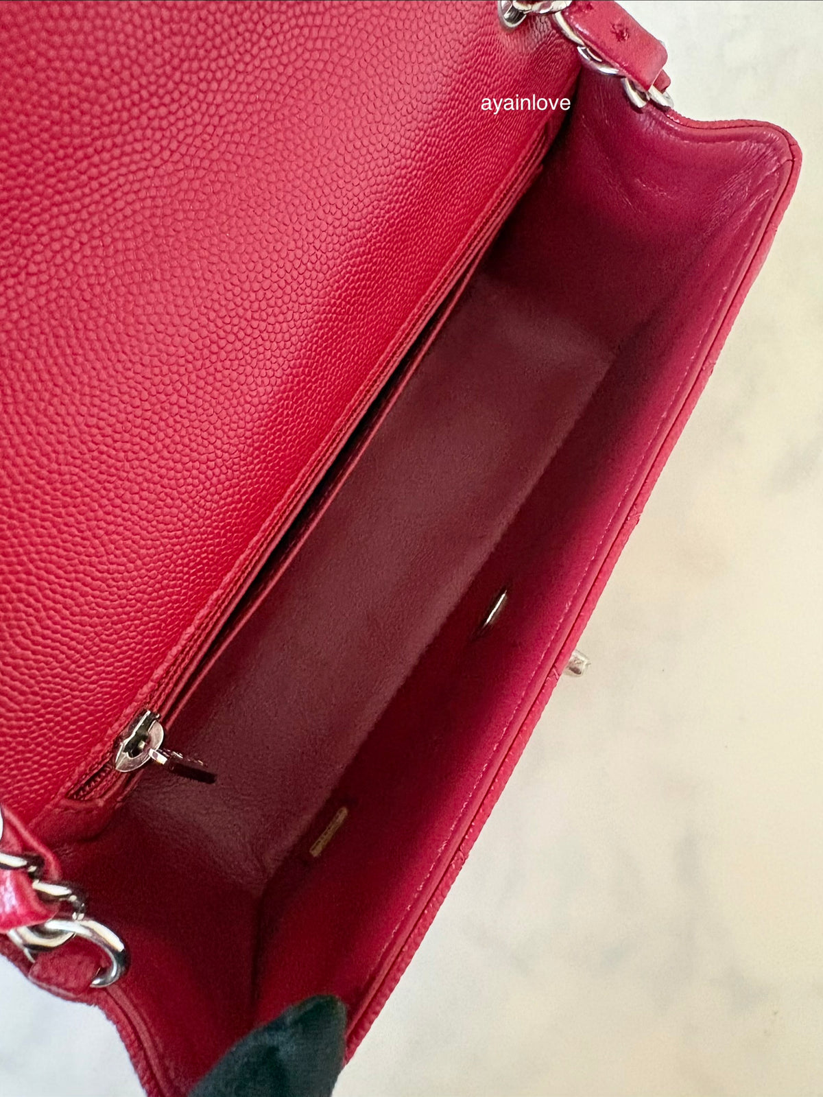 CHANEL 17B Red Caviar Quilted Classic Rectangular Mini Silver Hardware