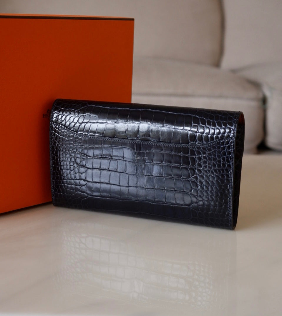 HERMES Constance Blue Marine Shiny Alligator Bicolor Verso Cuivre Long Wallet To Go Rose Gold Hardware