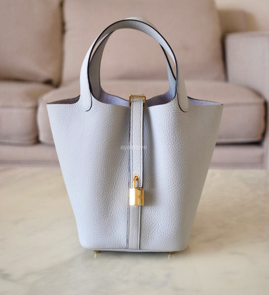 HERMES Picotin 18 Bleu Pale Taurillion Clemence Gold Hardware B Stamp
