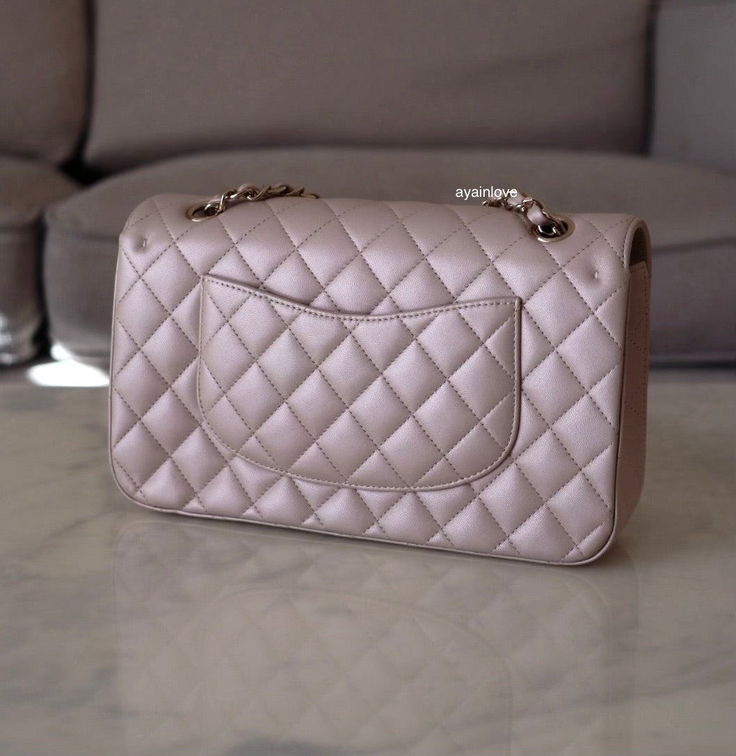 CHANEL 19S Iridescent Beige Lambskin Medium/Large Classic Flap Light Gold Hardware