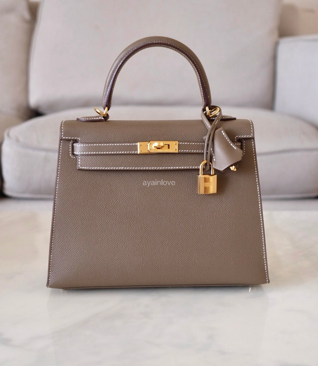 HERMES Kelly 25 Etoupe Epsom Bag Gold Hardware W Stamp