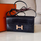 HERMES Constance Blue Marine Shiny Alligator Bicolor Verso Cuivre Long Wallet To Go Rose Gold Hardware