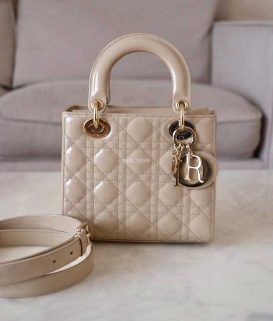 DIOR Small Lady Dior Beige Patent Cannage Bag