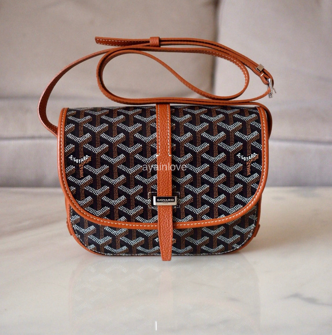 GOYARD Belvedere PM Goyardline Canvas/Calfskin Tan Black Messenger Bag Silver Hardware