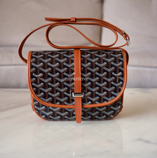 GOYARD Belvedere PM Goyardline Canvas/Calfskin Tan Black Messenger Bag Silver Hardware