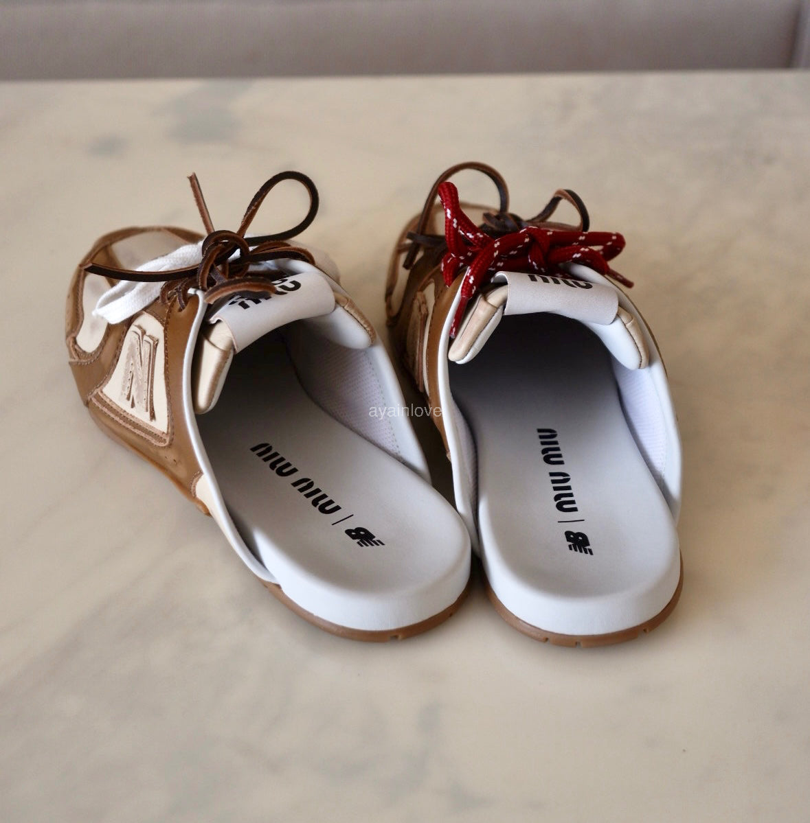 Miu Miu x New Balance 530 SL Brown Cinnamon Bleached Calfskin Mules Loafers Shoes Size 38 EU