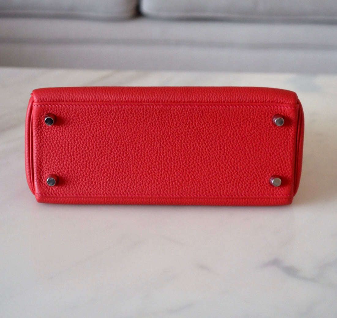 HERMES Kelly 25 Geranium Togo Retourne Palladium Hardware X Stamp