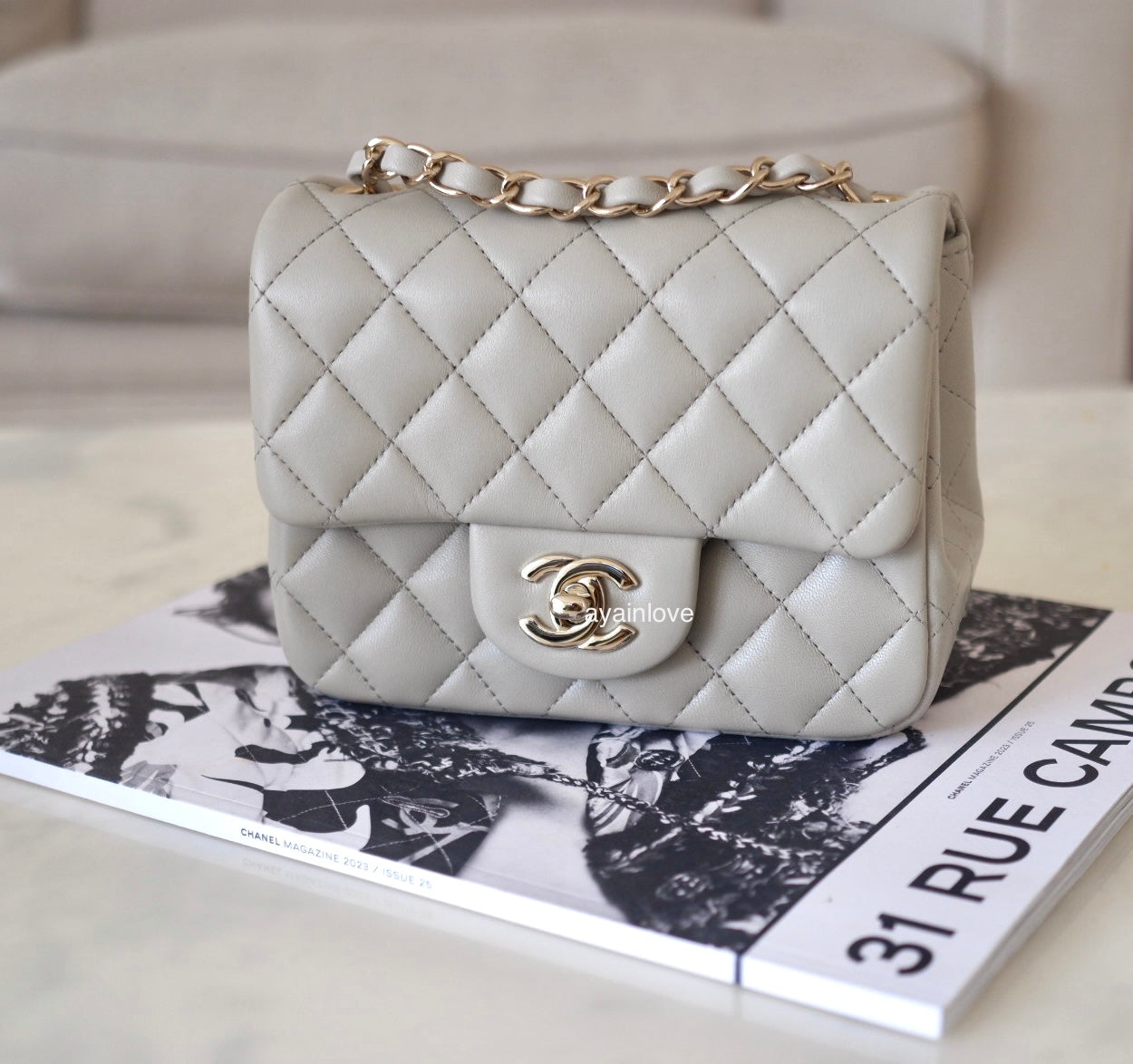 CHANEL 22C Grey 19 Flap Bag Gray Small Medium Quilted Leather Gold