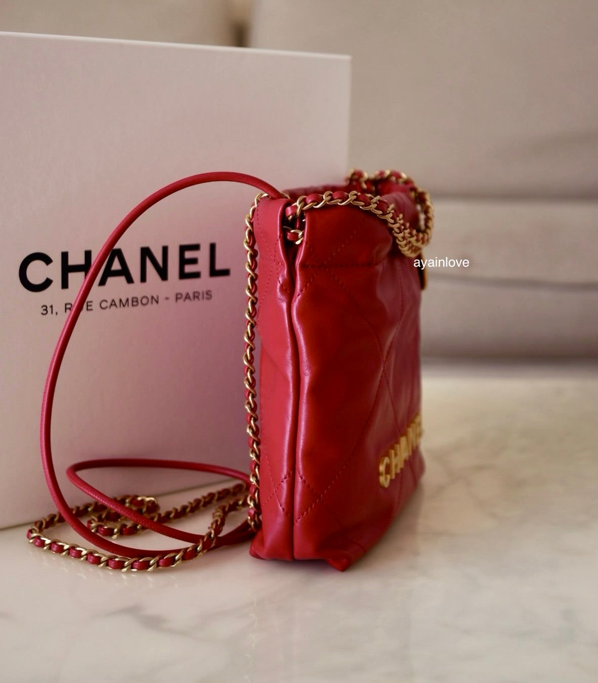 CHANEL Mini 22 Red Shiny Calf Skin Bag Gold Hardware