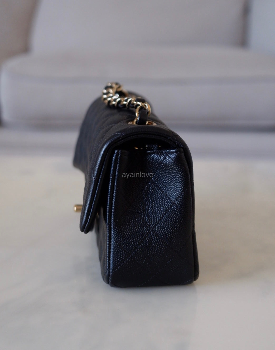 CHANEL 18B Black Caviar Quilted Rectangular Mini Flap Bag Light Gold Hardware