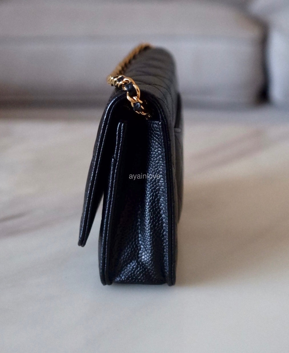 CHANEL Black Caviar Microchipped Classic Wallet On Chain Gold Hardware