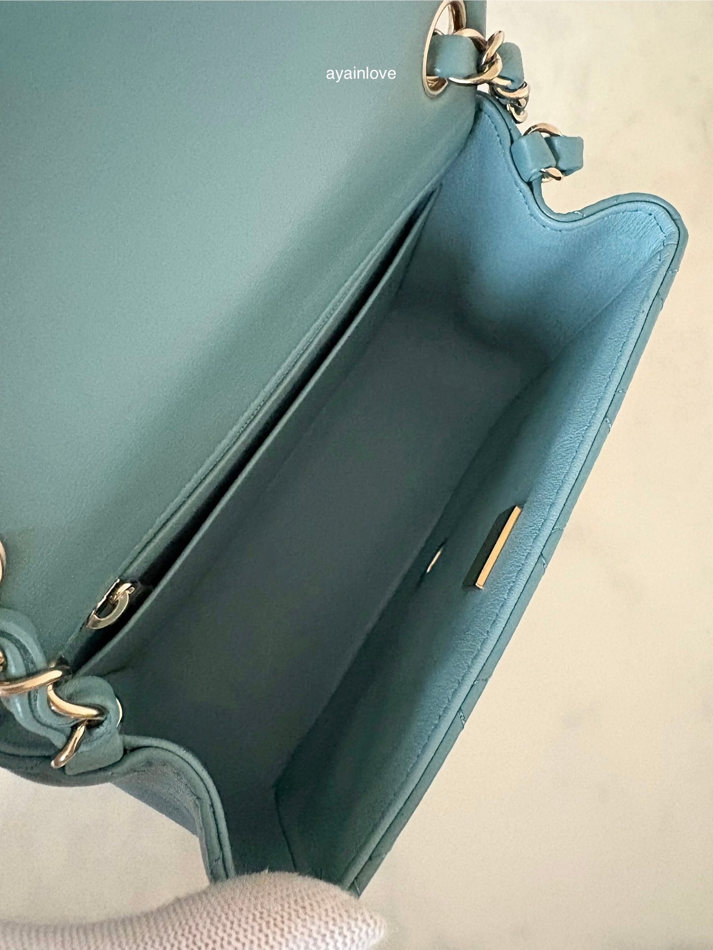 CHANEL 2022 Turquoise Blue Lambskin Microchipped Quilted Square Mini Flap Bag Light Gold Hardware