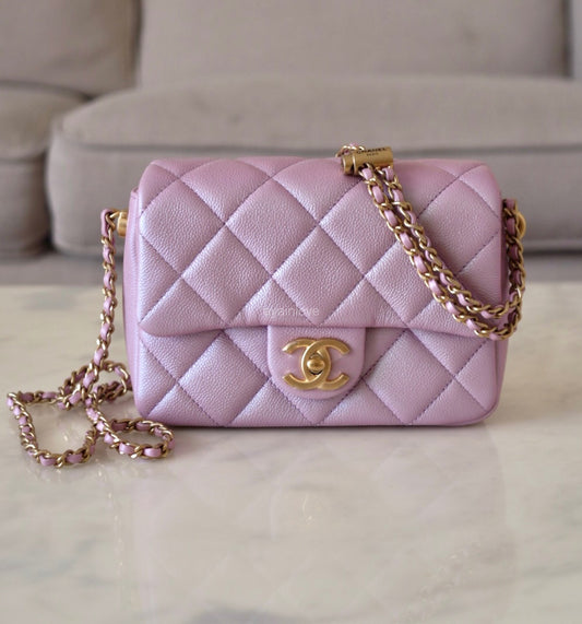 CHANEL 21K Iridescent Pink Caviar My Perfect Square Mini Flap Bag Gold Hardware
