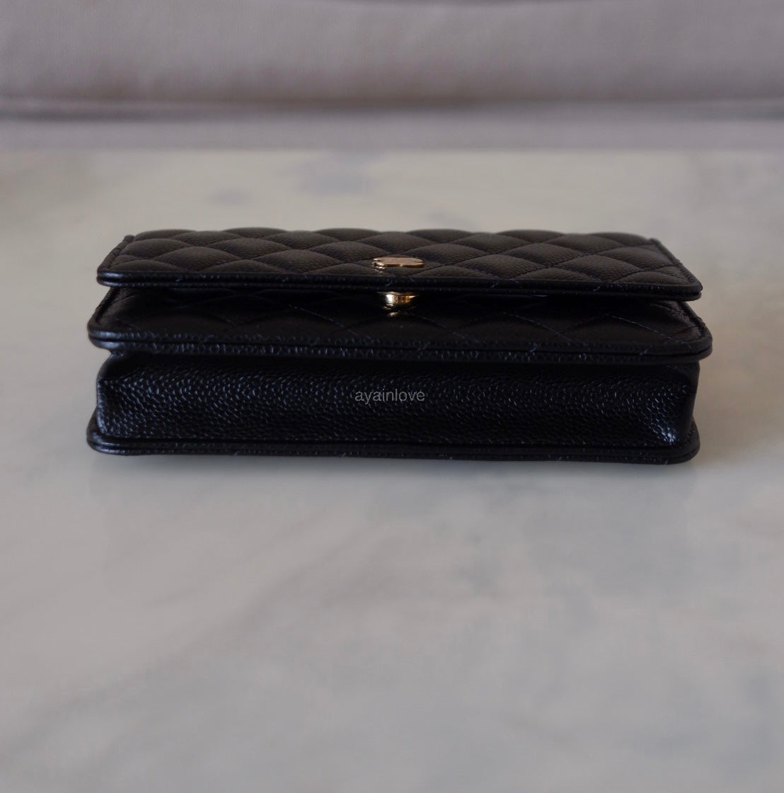 CHANEL Black Caviar Microchipped Classic Wallet On Chain Gold Hardware