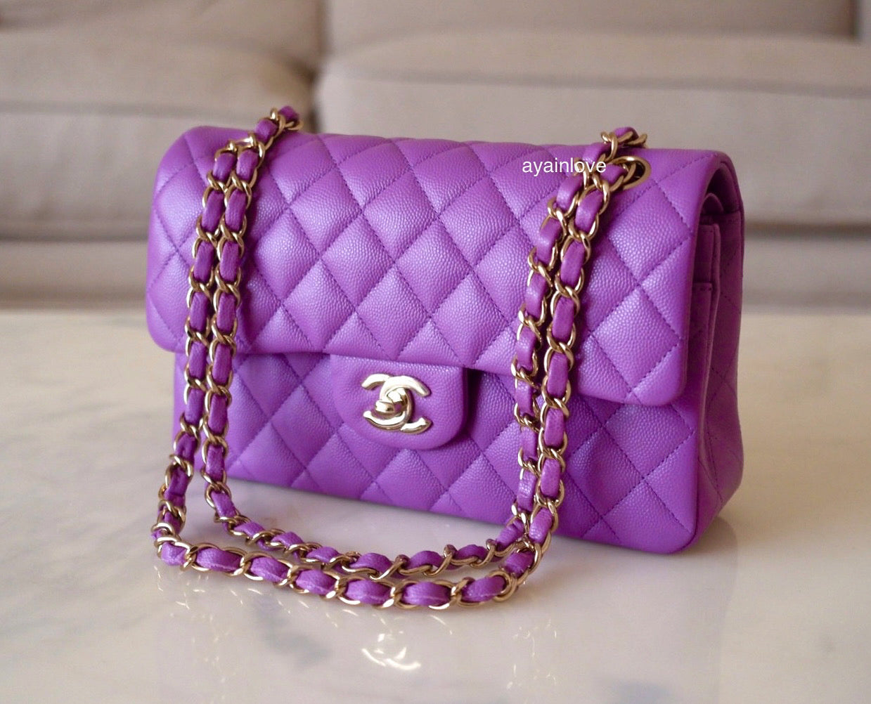 CHANEL 22S Purple Caviar Small Classic Flap Light Gold Hardware