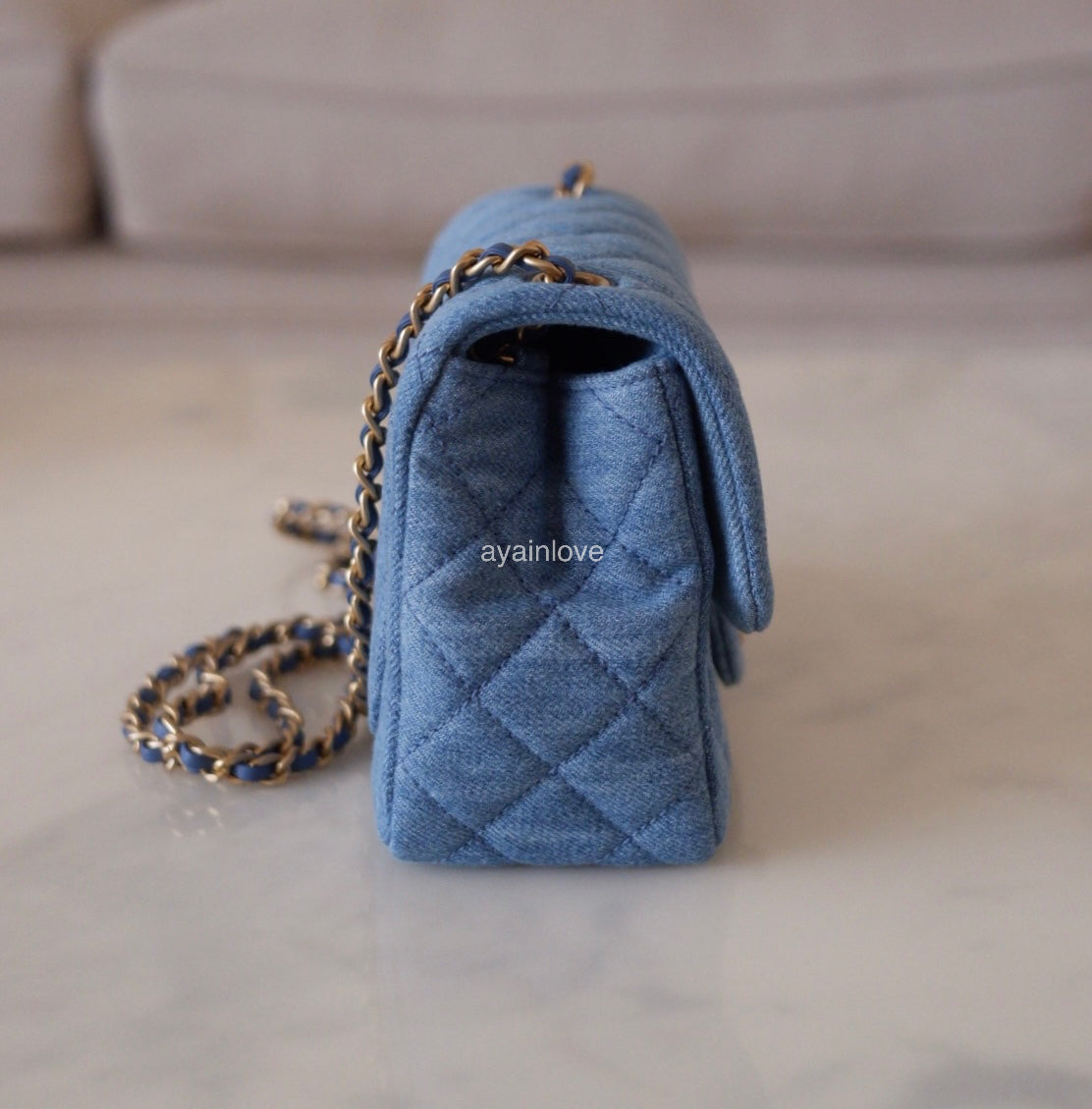 CHANEL 22C Blue Denim Pearl Crush Square Mini Flap Bag Gold Hardware –  AYAINLOVE CURATED LUXURIES