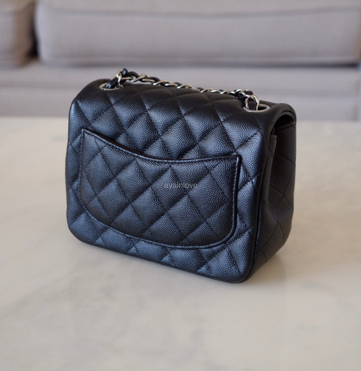 CHANEL 17B Black Caviar (Burgundy Interior) Quilted Square Mini Flap Bag Silver Hardware