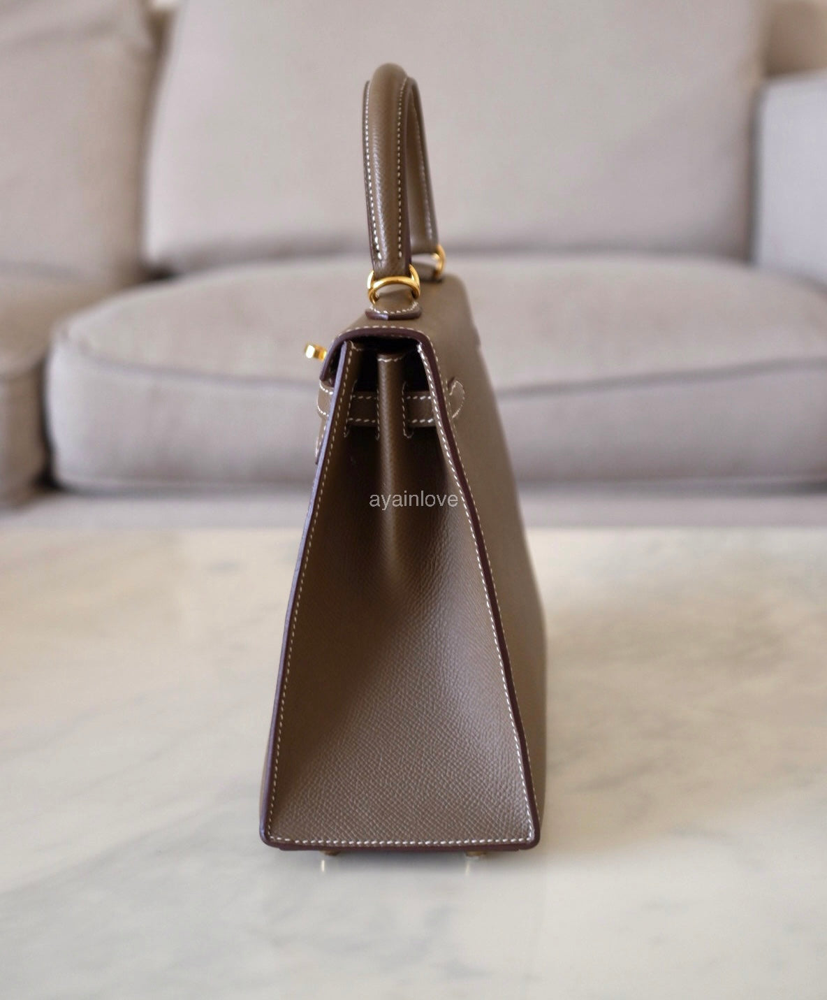 HERMES Kelly 25 Etoupe Epsom Bag Gold Hardware W Stamp