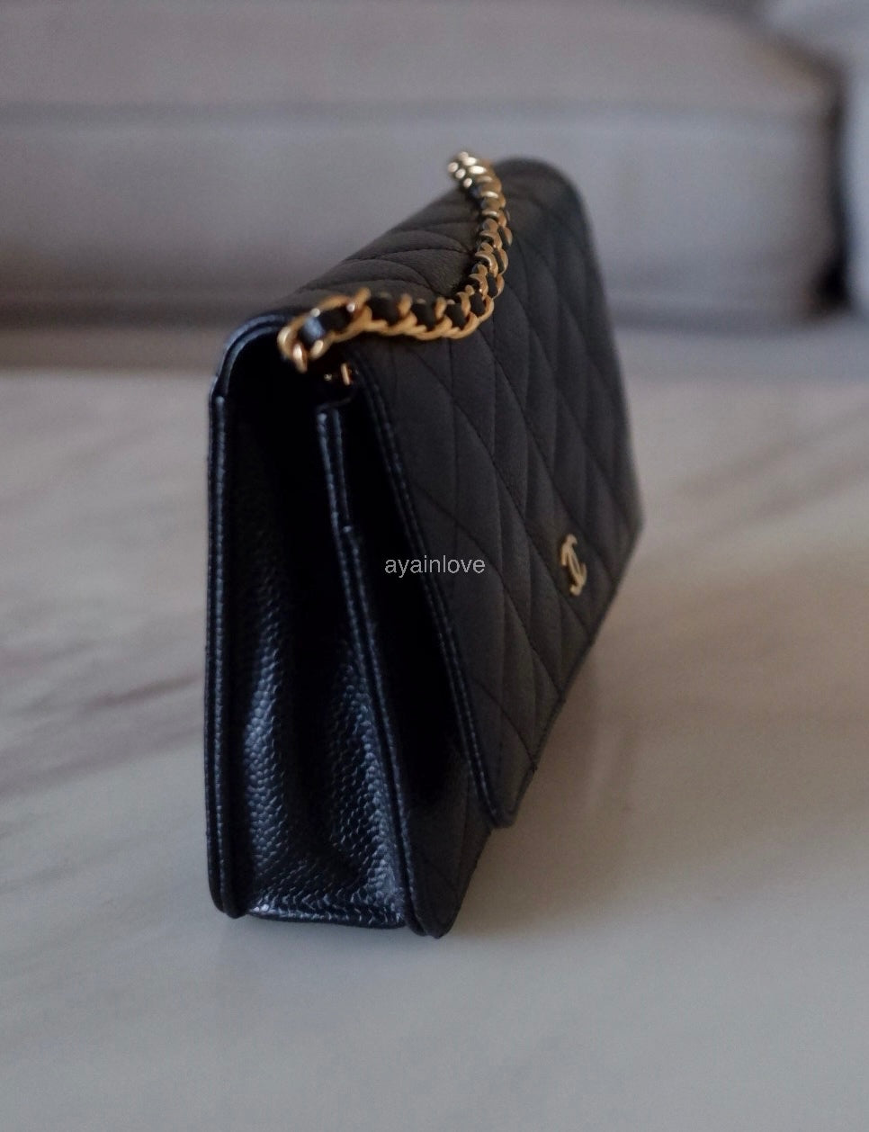 CHANEL Black Caviar Microchipped Classic Wallet On Chain Gold Hardware