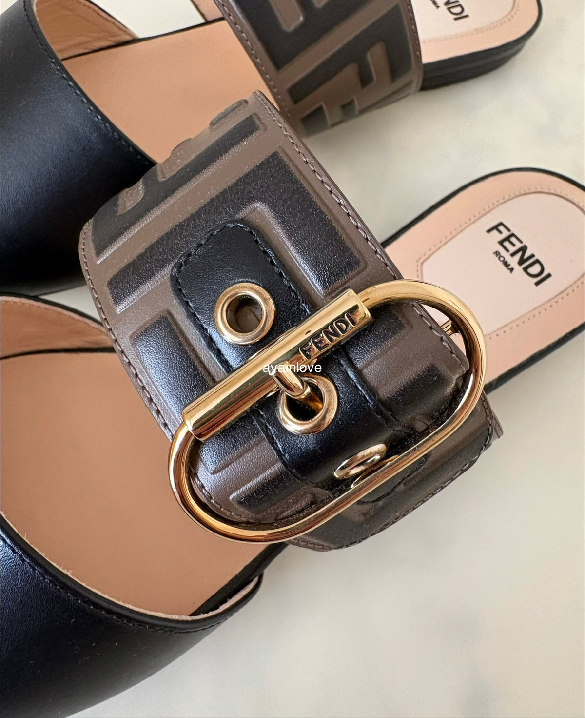 FENDI Vitello Maya Black FF Embossed Monogram Buckle Flat Slides Mules Size 38