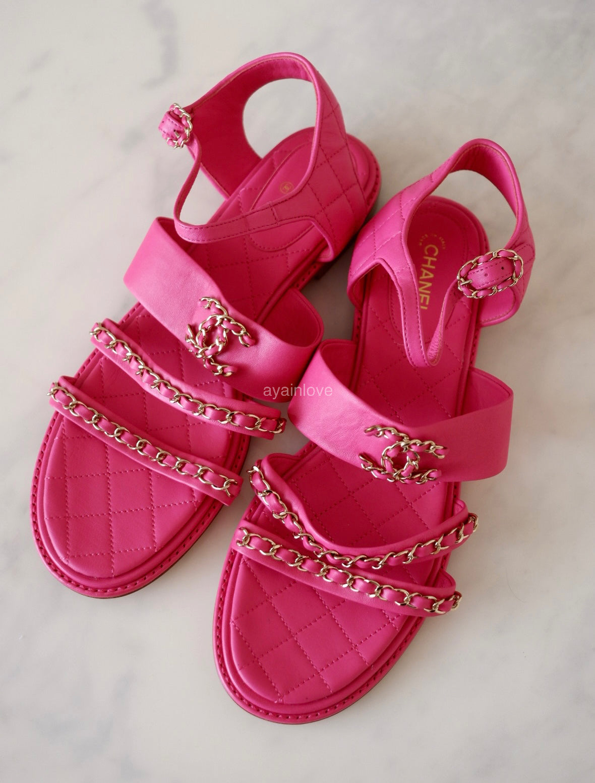 CHANEL 20C Fuchsia Pink Chain Lambskin Sandals CC Gold Hardware Size 41