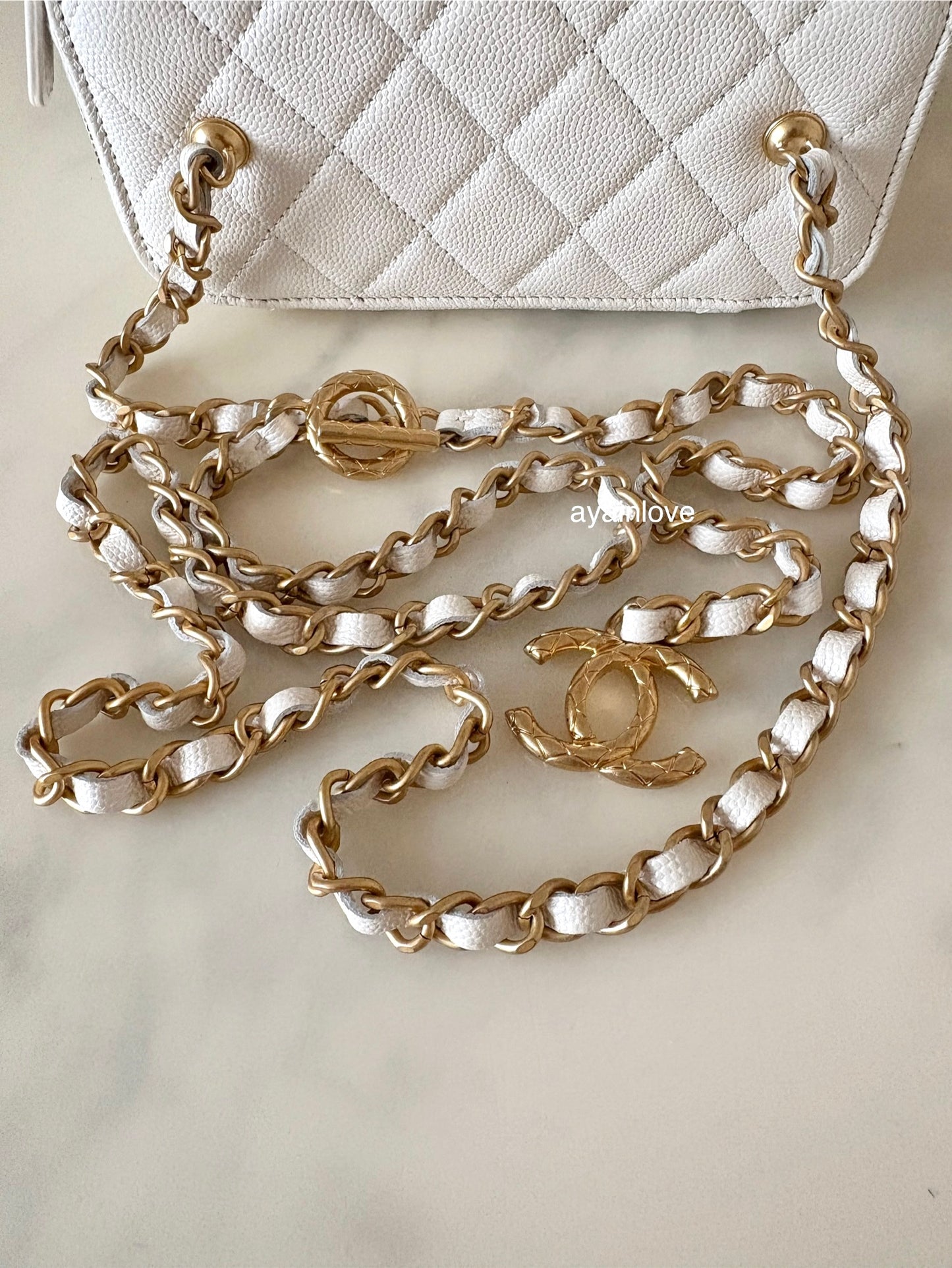 CHANEL Iridescent White Caviar Rectangular Vanity on Adjustable Chain Strap Oversized CC Gold Hardware