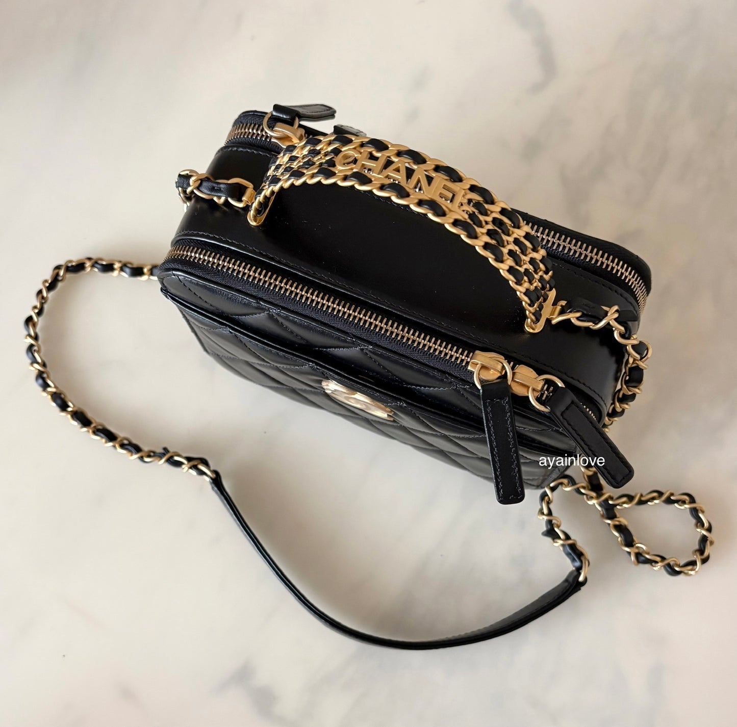 CHANEL 23S Black Lambskin Pick Me Up Quilted Vanity Case Camera Bag Gold Hardware