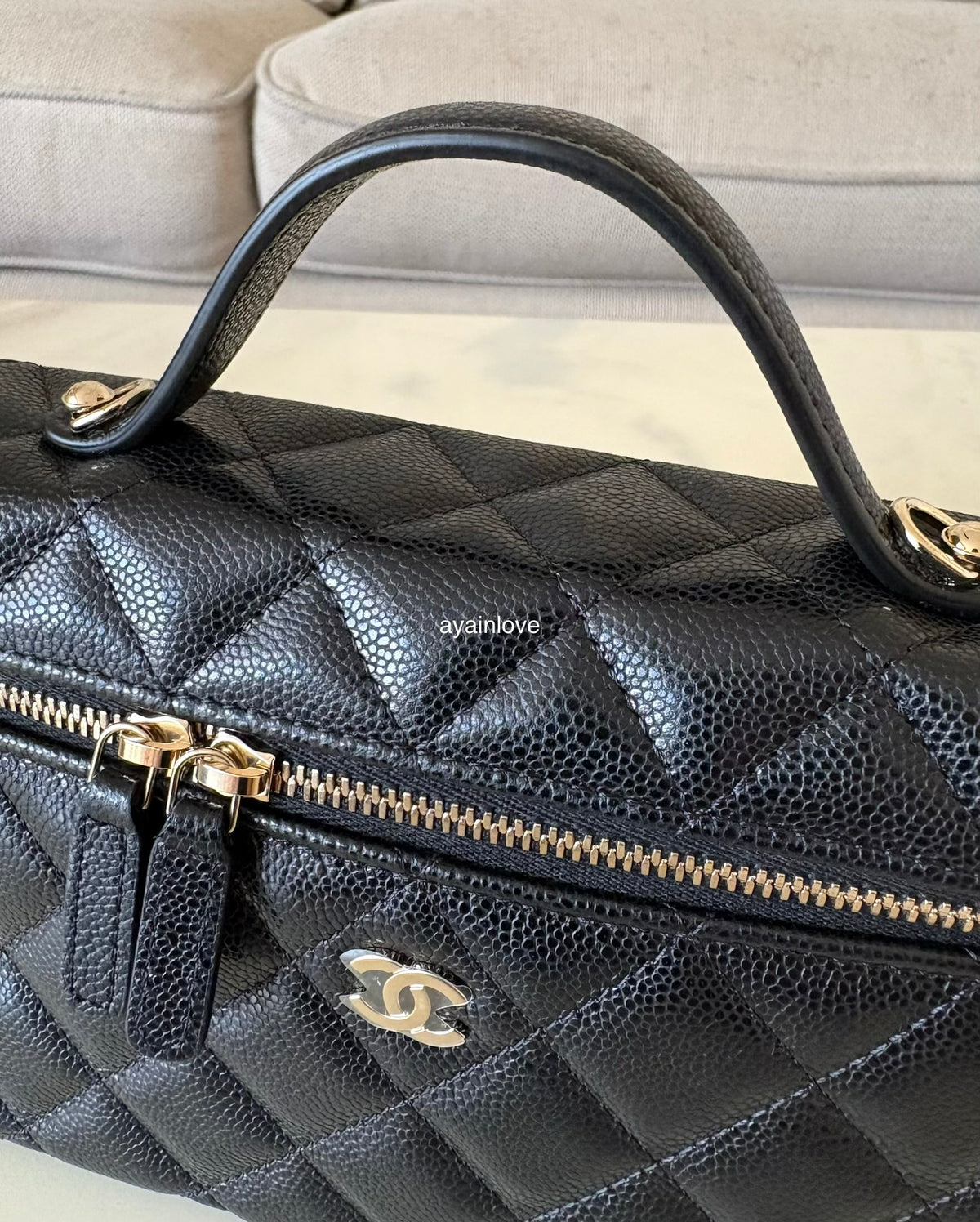 CHANEL Black Caviar Top Handle Flat Vanity on Chain Light Gold Hardware