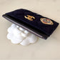 CHANEL 18A Charming Navy Blue/Burgundy Wool/Calfskin Flat Card Holder Oversized CC Gold Hardware