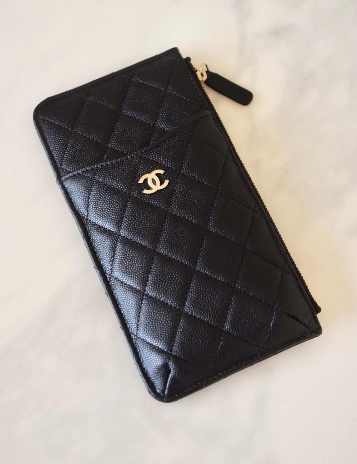 CHANEL Classic Black Caviar Phone Pouch Card Holder Gold Hardware